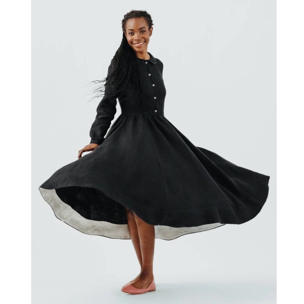 SON DE FLOR Almost NEW Classic Twirl Dress 100% Linen Long Sleeve XL Black